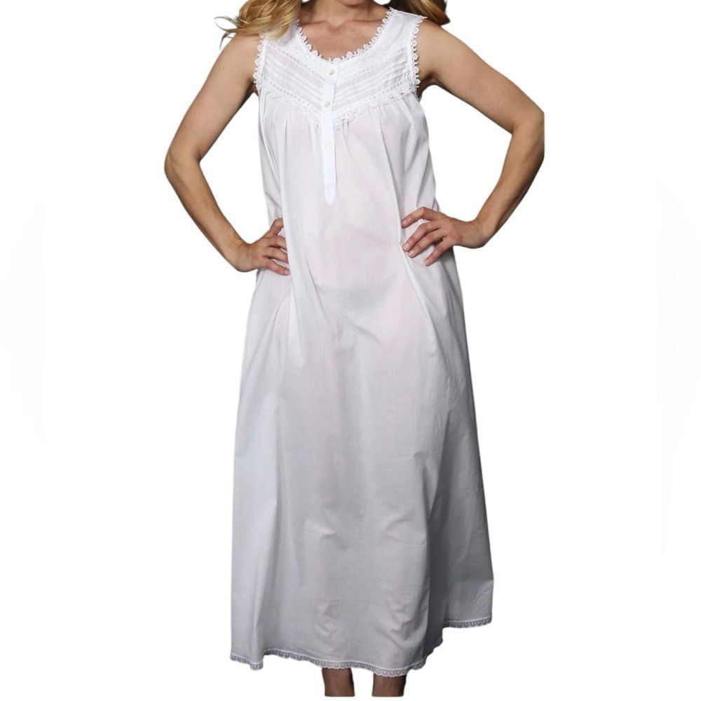 Priamo Classic Cotton Lace Eyelet Pleats White Long Sleeveless Gown M Vintage